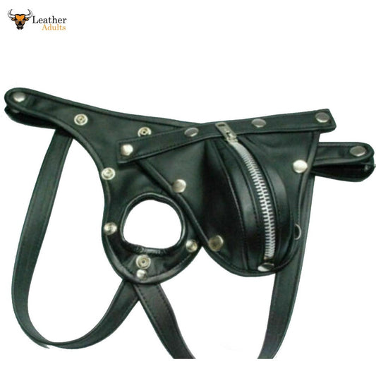 A black leather jockstrap with a prominent zipper pouch, designed for a snug and comfortable fit.