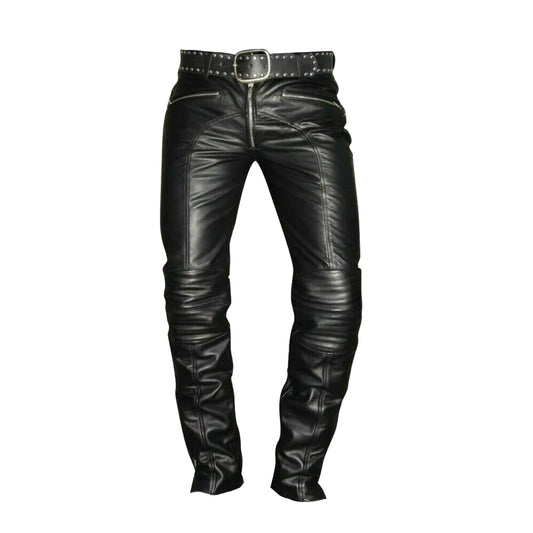 Men's Real Cowhide Leather Quilted Panels Slim Fit Trousers Pants Bikers Jeans Lederhosen