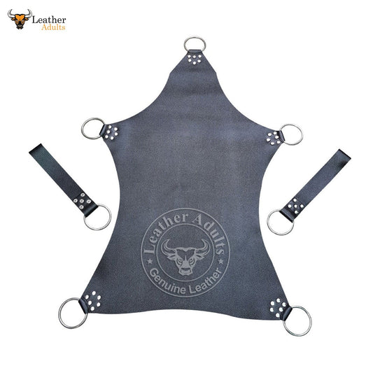 A black leather sex swing sling with attached leather stirrups and metal D-rings, featuring the brand logo 'Leather Adults' and the word 'Genuine Leather' embossed on it.