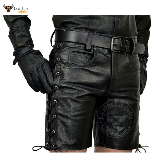 Mens Handmade Black Genuine Leather Shorts Side Laces Shorts Party Wear Shorts
