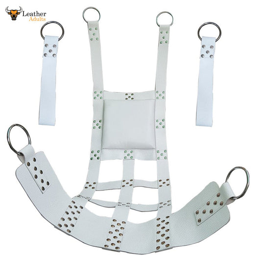 A white leather sex swing sling with stirrups, featuring a grid of small silver rivets for durability. The sling is designed for adult play and has O-rings on the straps and stirrups, with no additional accessories like chains or frames.