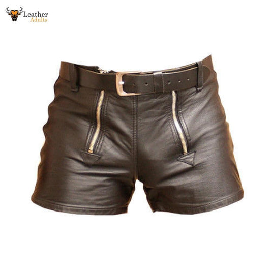 Men's brown leather shorts with double zipper and belt, no pockets.