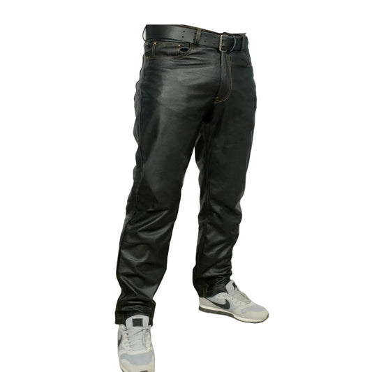 Men's Black Genuine Leather 5 Pocket Jeans Classic 501 Style Cut