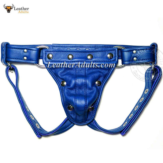 A blue leather jockstrap with a prominent pouch, featuring metal studs and a logo on the waistband.