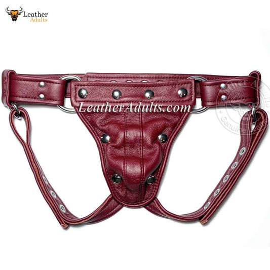 A red leather jockstrap with a front pouch, adjustable straps, and metal hardware.