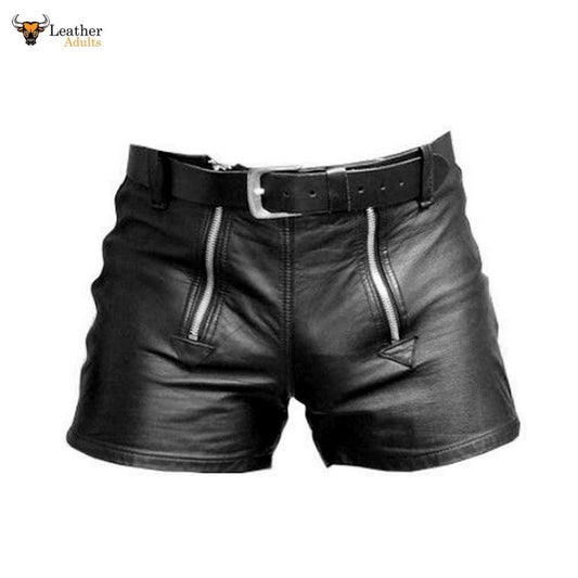 Men's black leather shorts with double zipper and belt, featuring a snug fit and designed for comfort.