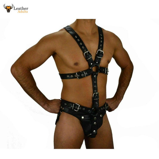 This image features a rugged, handmade genuine leather full body harness designed for men. The harness is equipped with stainless steel hardware and adjustable buckles to ensure a secure and snug fit.