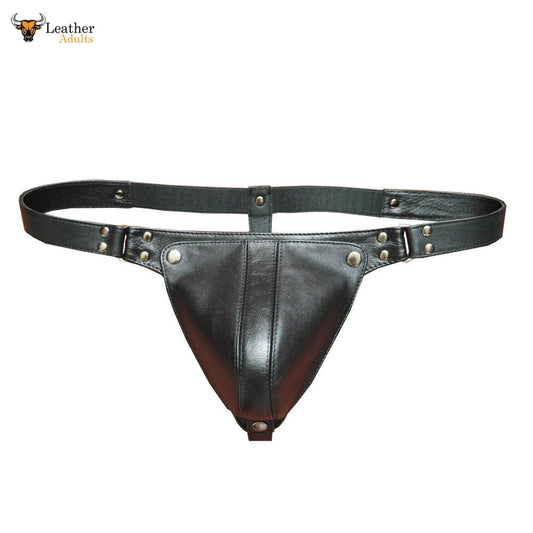 A black leather cod-piece jockstrap with a removable pouch, featuring metal studs and a back closure.