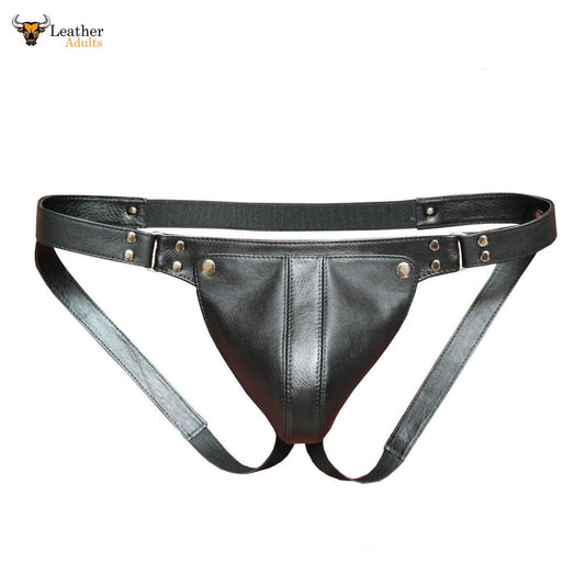 Black leather jockstrap with a central pouch and adjustable straps, designed for a snug fit.