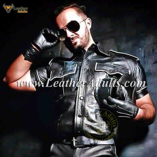 Mens Real Lambs Leather Police Style white piping Black Bikers Shirt