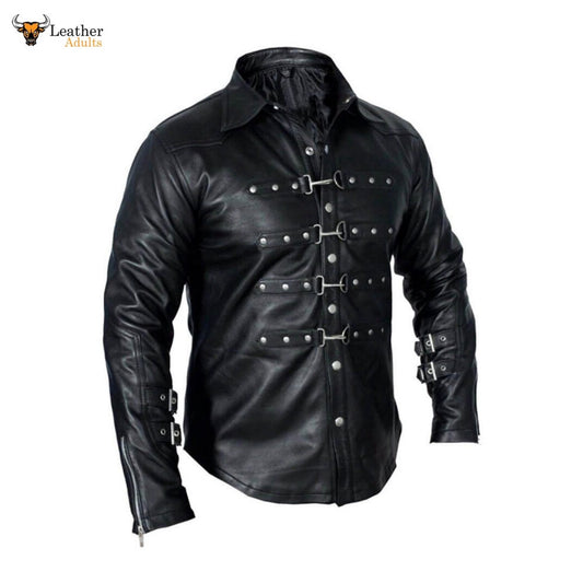 Mens Black Lambskin Leather Hot Police Uniform Steampunk Shirt Bluf Gay Sheep Lamb Full Sleeves