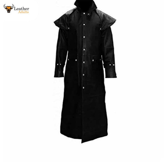 Mens Real Black Leather Duster Riding Hunting Steampunk Trench Coat T7