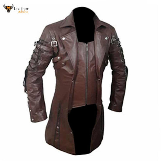 Mens REAL Brown Leather Goth Matrix Trench Coat Steampunk Gothic T18 BROWN