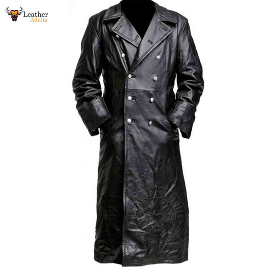 A black real leather trench coat with a double-breasted design, featuring front button closure, side open pockets, and an interior lining. The coat is displayed on a mannequin against a white background.