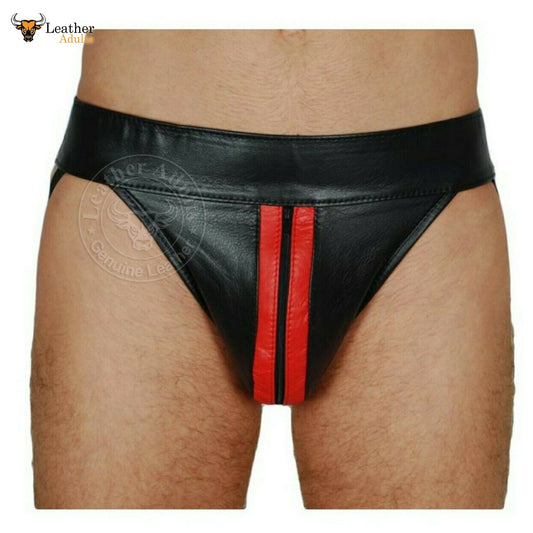 A black leather jockstrap with red stripes on the front, featuring a low-rise design.