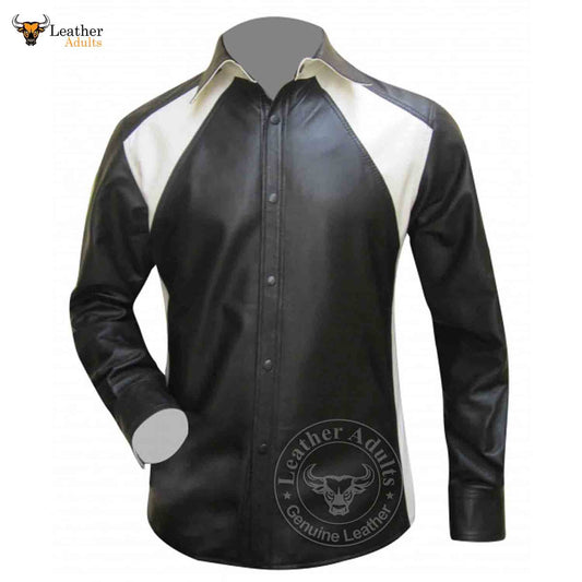 Men's Real Sheep Nappa Leather Full Sleeve BLUF Bespoke Tailored Shirt in Black and White Two Tone Design