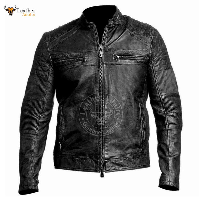 Mens Cafe Racer Biker Vintage Motorcycle Distressed Black Real Leather Jacket