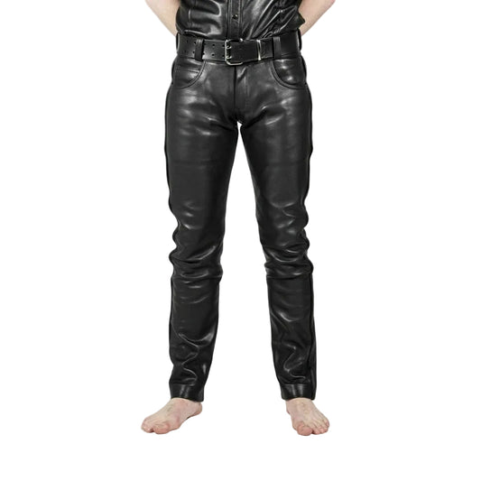 A person standing wearing black genuine leather skinny pants with five pockets and a belt loop.