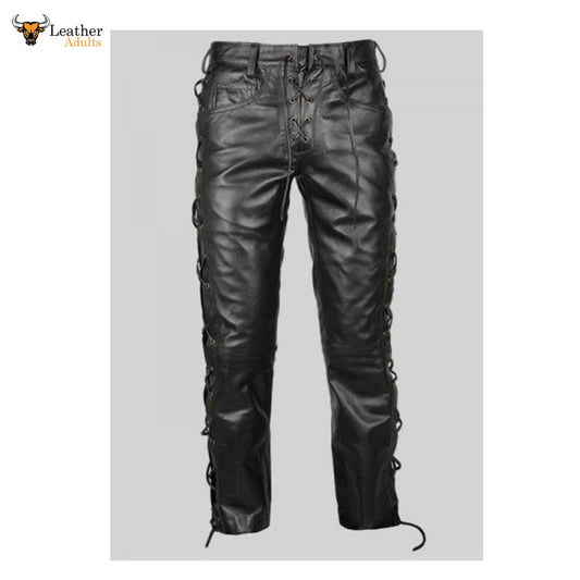 Men's Real Leather Bikers Pants Side and Front Laces Up Bikers Pants Trousers