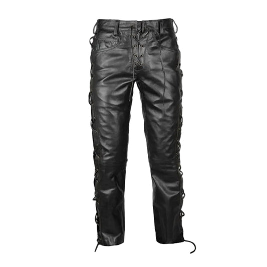 Black leather pants with side lacing details, shown against a plain white background.