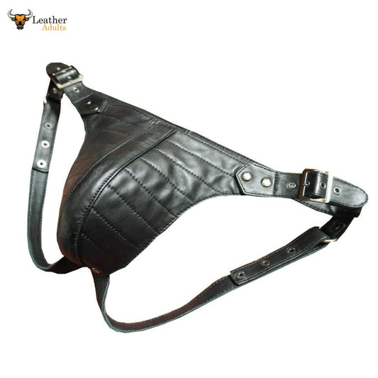 A black leather jockstrap with a padded pouch, featuring adjustable straps and metal buckles.