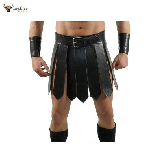 Mens Sexy Real Leather Black Kilt Roman Gladiator Kilt Set Gay Club Wear LARP