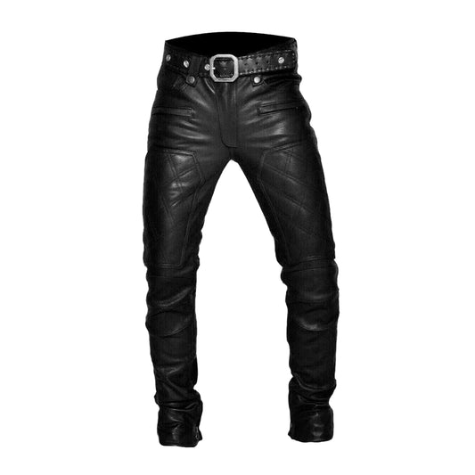 A pair of black leather biker pants with quilted panels, featuring a slim fit and a saddle seat style back.