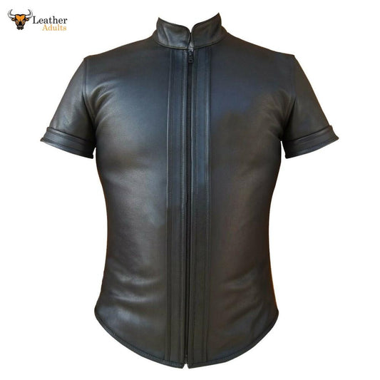 A black leather bikers shirt with a front zip and slim fit design, displayed on a mannequin.