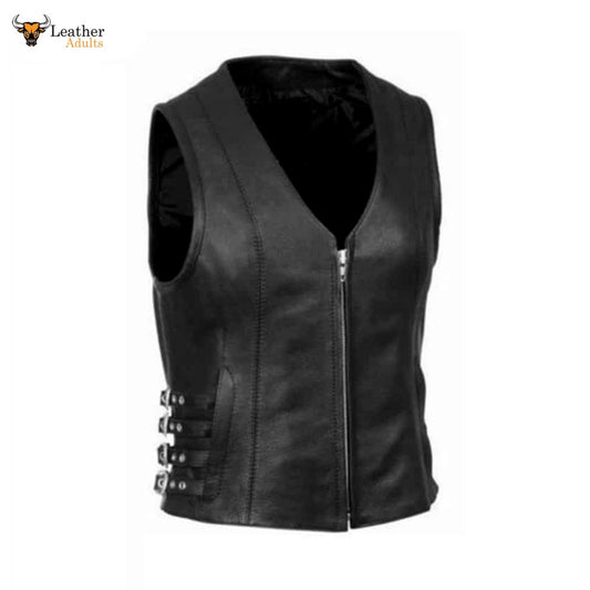 Ladies Soft Black Lambskin Leather Bikers 4 Side waist buckles Waistcoat Vest W7