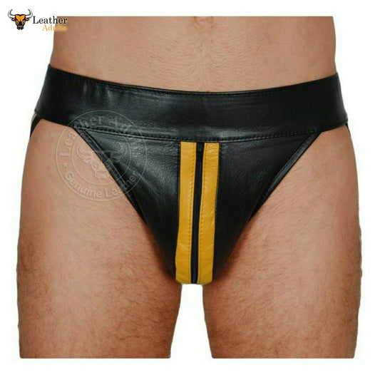 A black leather jockstrap with yellow stripes on the front, displayed on a model.