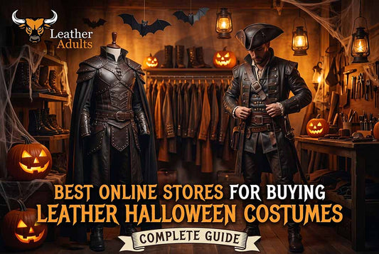 Here is a short, concise alt text for your blog banner:  **Short Alt Text:**  > "Spooky Halloween-themed leather shop banner for 'Leather Adults' blog guide on the 'Best Online Stores for Buying Leather Halloween Costumes'."