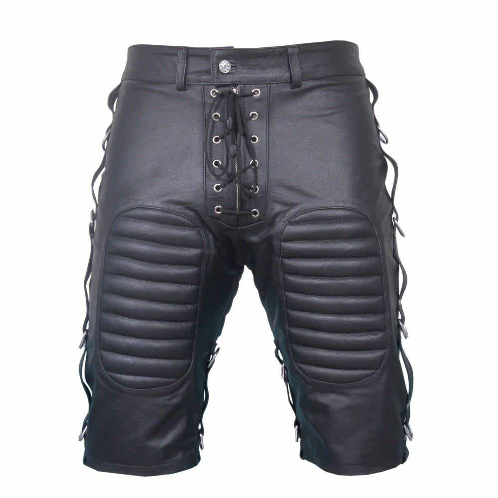 Front view of men's black cowhide leather bondage shorts featuring padded thigh panels, lace-up zip fly, and side D-ring straps.