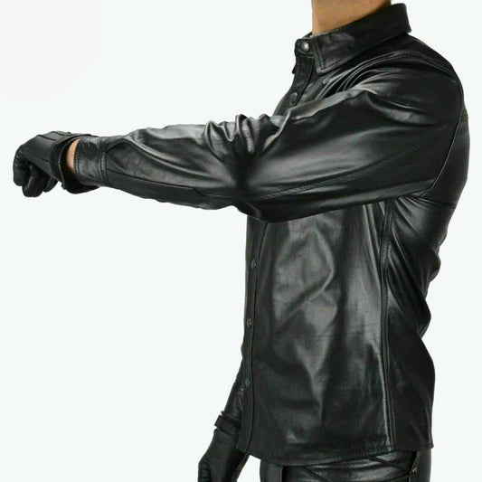 Mens Real Black Leather Police Military Style BLUF Full Sleeves Shirt