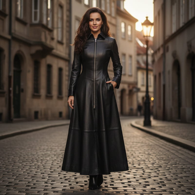 A black leather long coat dress with a high collar and front zipper, displayed on a mannequin against a white background.