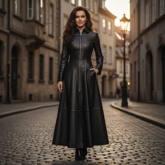 A black leather long coat dress with a high collar and front zipper, displayed on a mannequin against a white background.