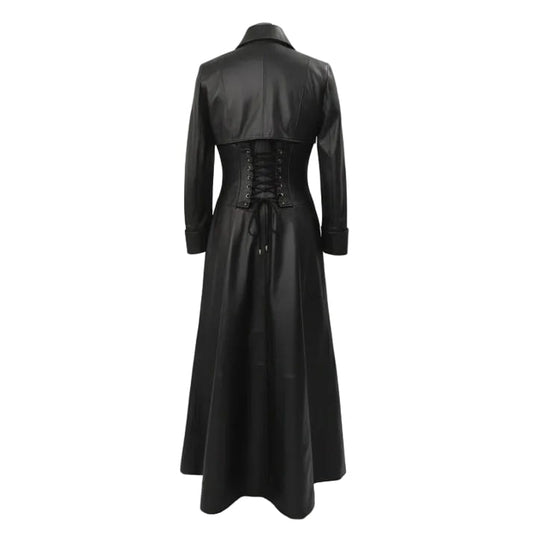 A long black leather gothic dress with a structured waist and lace-up back, shown from the back on a plain white background.