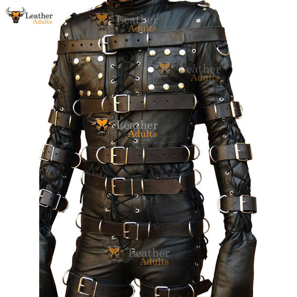 Mens Bondage Suit Black LEATHER Heavy Duty Restriction Catsuit with Hood LARP