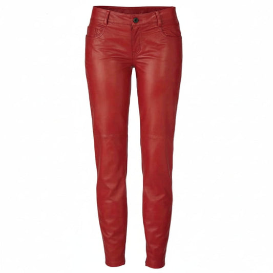 Women's Real Sheep Red Leather Pants Genuine Leggings High Waist Slim Fit Pants