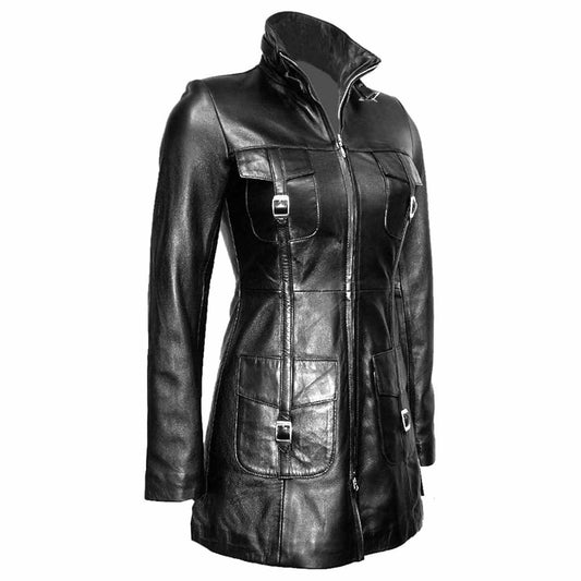 Ladies Beautiful Black Real Lambskin Leather Steampunk Style Trench Coat T14