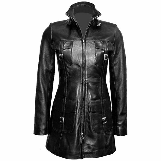 Ladies Beautiful Black Real Lambskin Leather Steampunk Style Trench Coat T14
