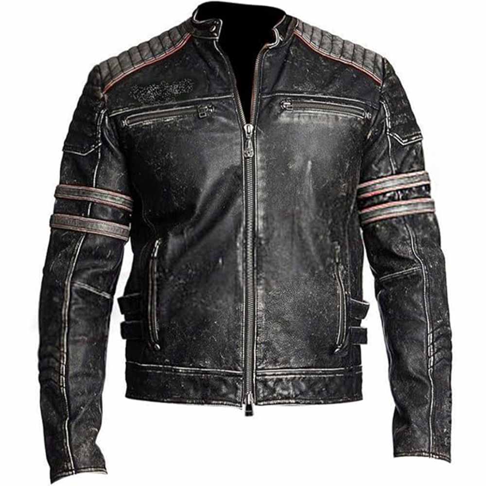 Retro 1 Men's Vintage Motorcycle Cafe Racer Biker Black Real Leather Jacket
