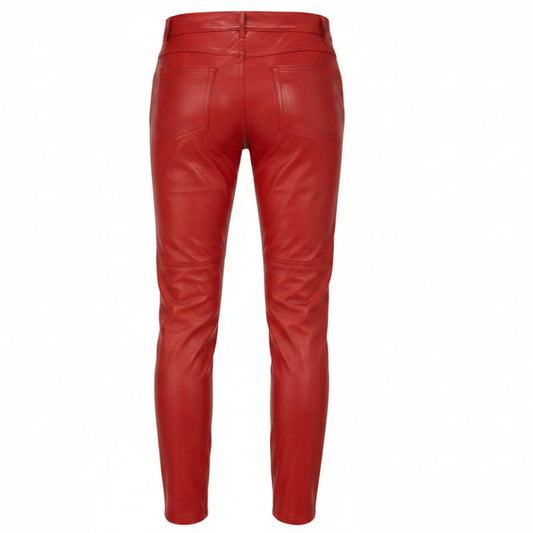 Women's Real Sheep Red Leather Pants Genuine Leggings High Waist Slim Fit Pants