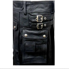 Men's Leather Black Utility Kilt Twin CARGO Pockets Pleated with Twin Buckles
