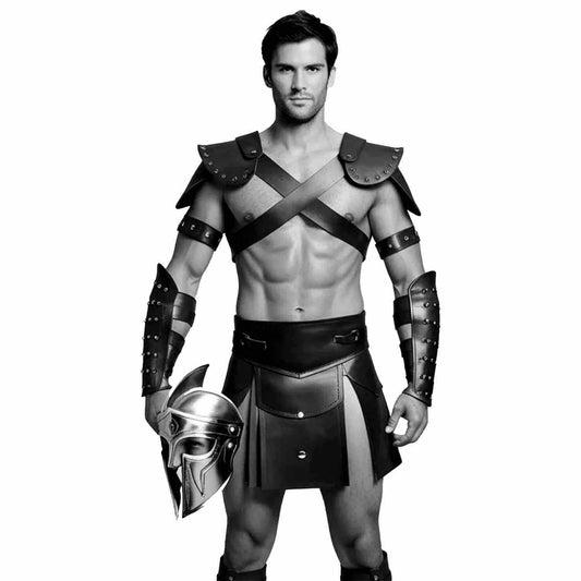 Mens Black Leather Gladiator Costume Historical Reenactment Armor Kilt Set Roman Warrior LARP