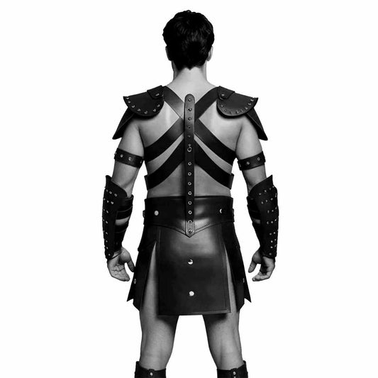 Mens Black Leather Gladiator Costume Historical Reenactment Armor Kilt Set Roman Warrior LARP
