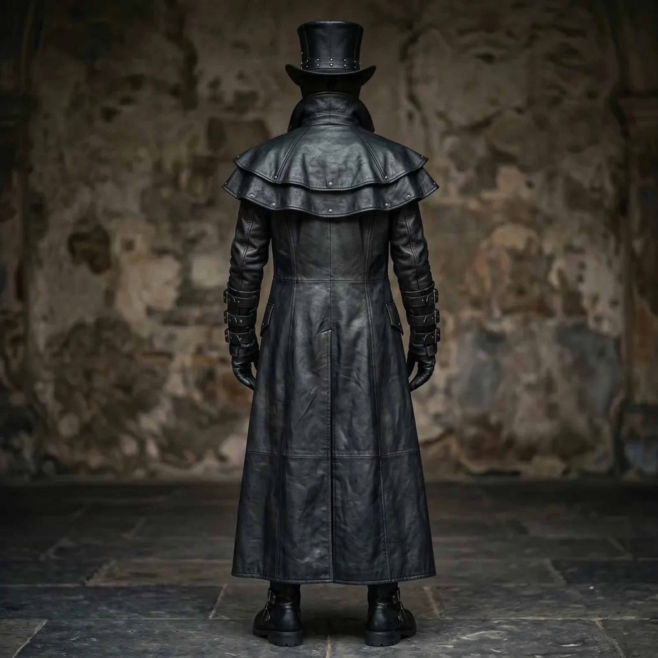 Rear full body view of black leather steampunk trench coat showing tiered double layer shoulder capelet with metal rivets and long flowing tailcoat hem