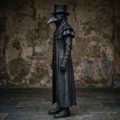 Side angle profile view of gothic plague doctor leather outfit detailing long fitted sleeves wrist straps and tailored leather trousers