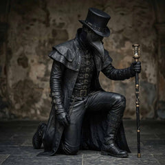 Dramatic low angle view of warrior wearing black leather victorian vampire costume kneeling on stone floor holding an ornate hourglass staff