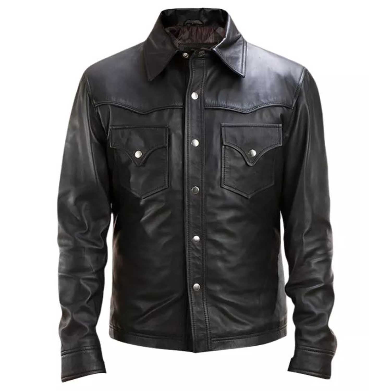 Black leather jacket with button details on a white background