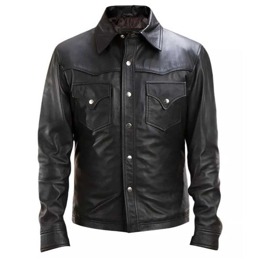 Black leather jacket with button details on a white background